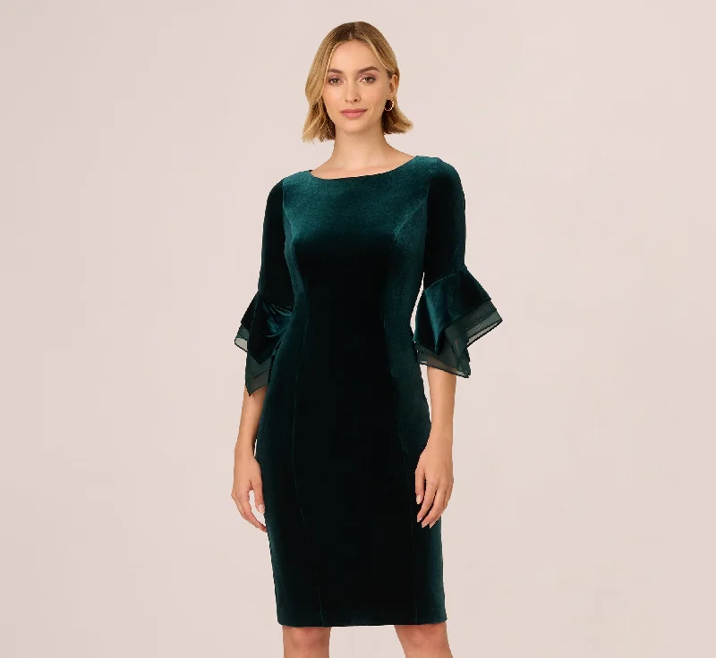 Light cotton spring dresses for warm days -Velvet Sheath Dress With Tiered Three Quarter Sleeves In Hunter Light cotton spring dresses for warm days -Velvet Sheath Dress With Tiered Three Quarter Sleeves In Hunter