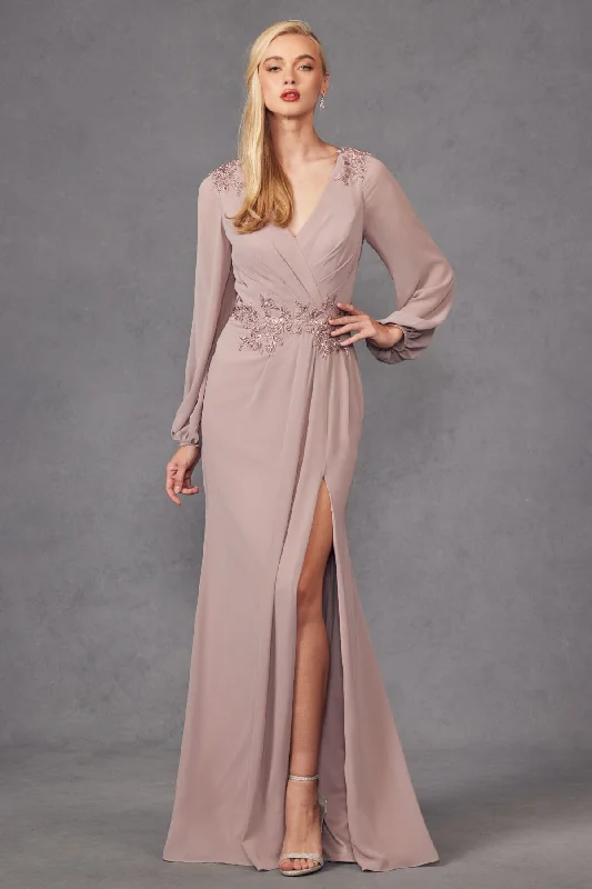 Wedding guest dresses with structured bodices for a polished look -Embroidered Long Sleeve A-line Slit Gown by Juliet JTM16A Wedding guest dresses with structured bodices for a polished look -Embroidered Long Sleeve A-line Slit Gown by Juliet JTM16A