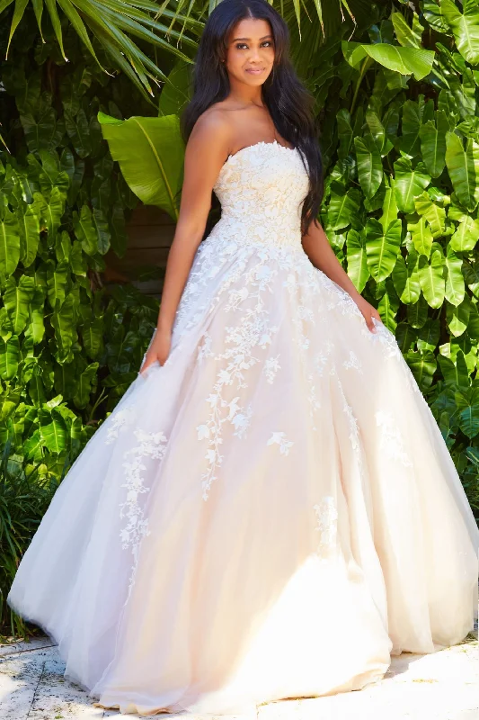 cocktail dresses with satin bows for elegant touch --Floral Applique Strapless A-line Gown by Jovani 1831