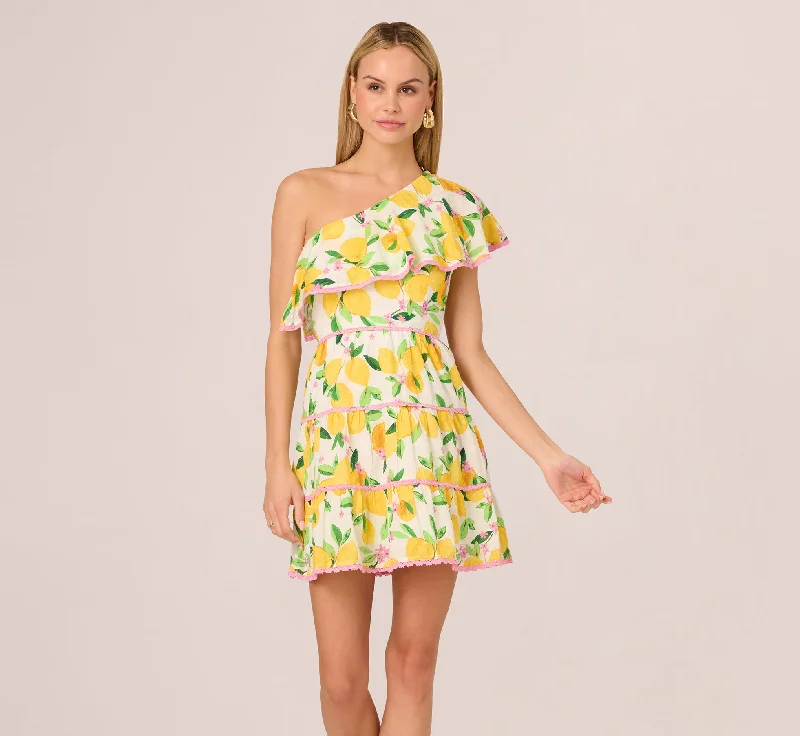 Spring dresses for vacation with an easy-to-wear style -One Shoulder Ruffle Lemon Print Mini Dress In White Multi Spring dresses for vacation with an easy-to-wear style -One Shoulder Ruffle Lemon Print Mini Dress In White Multi