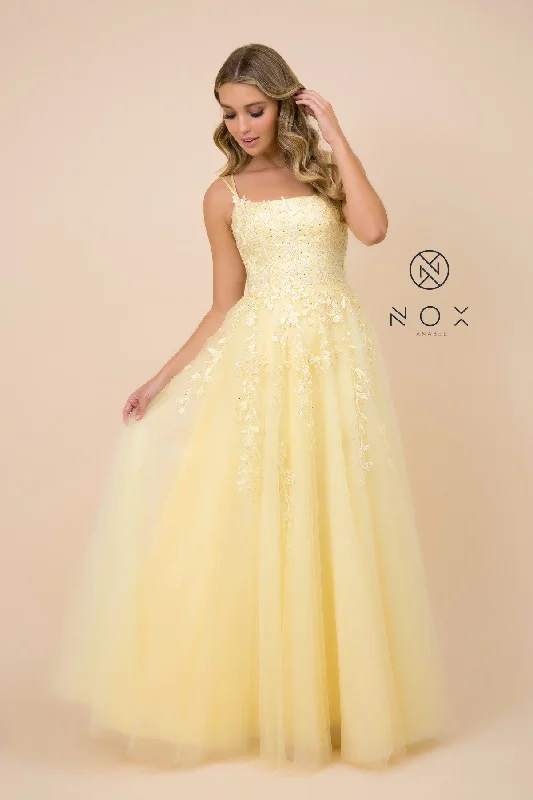 formal dresses with embroidered beadwork for luxury appeal --Long Floral Applique Dress with Corset Back by Nox Anabel C415 formal dresses with embroidered beadwork for luxury appeal --Long Floral Applique Dress with Corset Back by Nox Anabel C415
