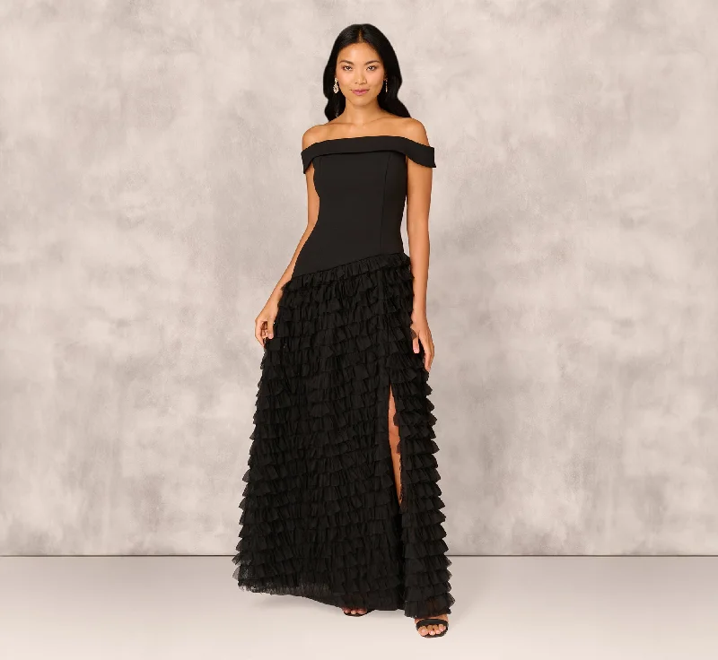 formal dresses with detachable trains for versatility --Combo Fabric Drop Waist Ballgown In Black formal dresses with detachable trains for versatility --Combo Fabric Drop Waist Ballgown In Black