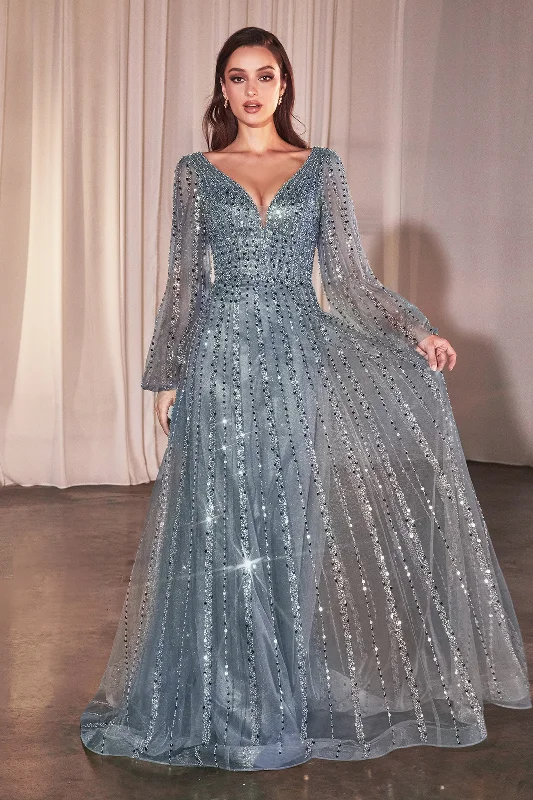 Perfect wedding guest dresses for evening cocktail receptions -Beaded Long Sleeve A-line Gown by Ladivine CD0240 Perfect wedding guest dresses for evening cocktail receptions -Beaded Long Sleeve A-line Gown by Ladivine CD0240