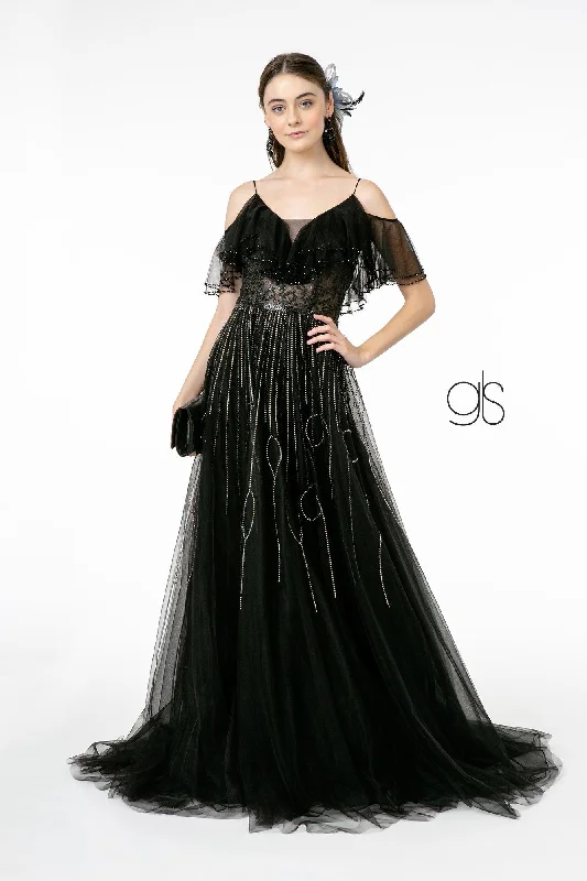 cocktail dresses with beaded embellishments for glam look --Flounced Long Cold Shoulder Dress by Elizabeth K GL1809 cocktail dresses with beaded embellishments for glam look --Flounced Long Cold Shoulder Dress by Elizabeth K GL1809