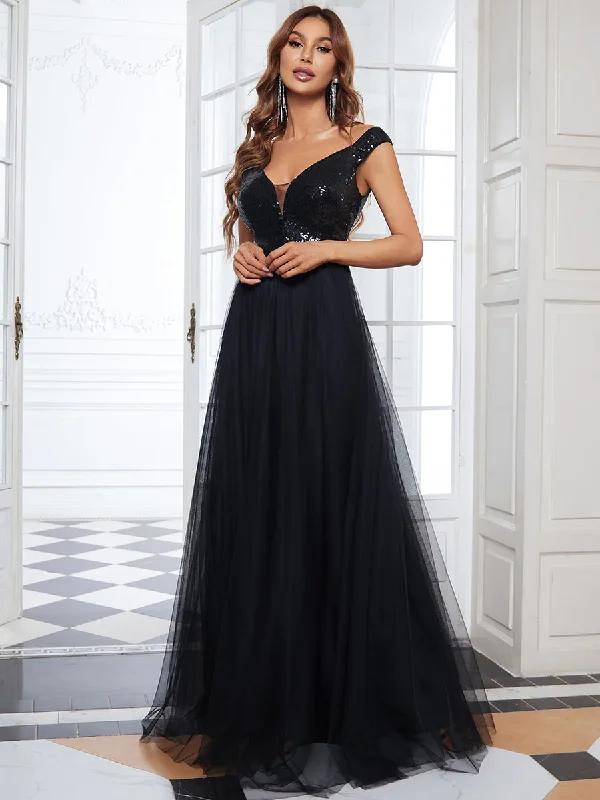 formal dresses for young adults with trendy cuts --Wholesale High Waist Tulle & Sequin Sleeveless V Neck Evening Dress