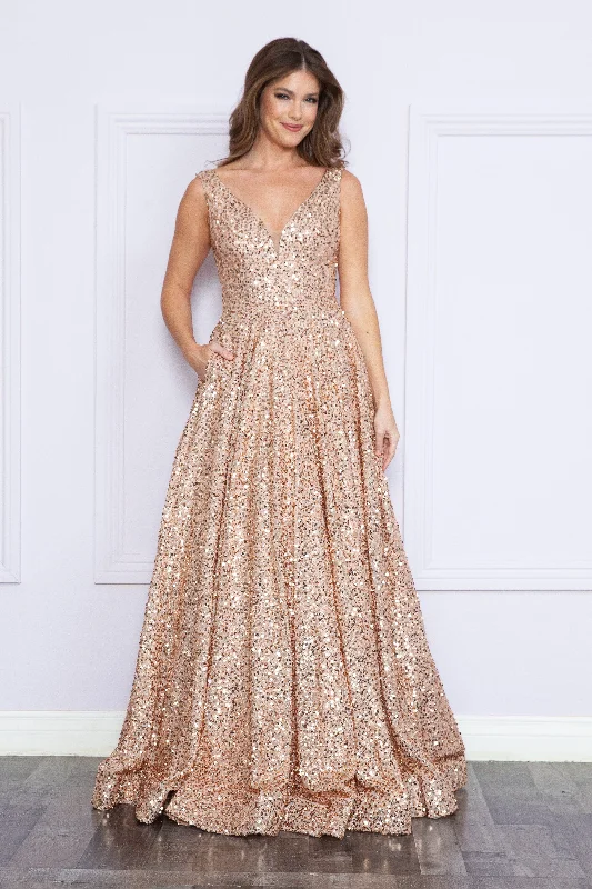formal dresses with sequined bodices for sparkle --Long Sequin V-Neck A-line Dress by Poly USA 9168 formal dresses with sequined bodices for sparkle --Long Sequin V-Neck A-line Dress by Poly USA 9168
