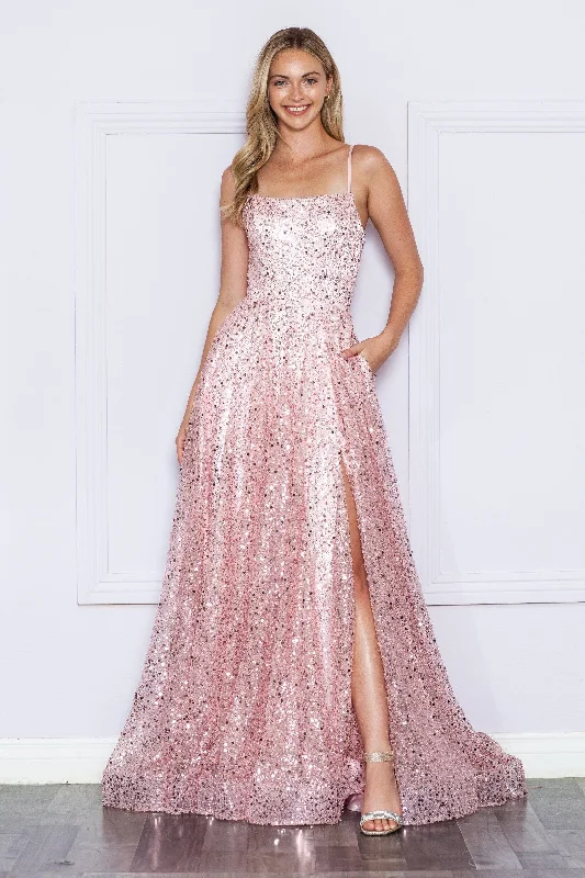 formal dresses with off-shoulder sleeves for summer events --Sequin Sleeveless A-line Slit Gown by Poly USA 9290 formal dresses with off-shoulder sleeves for summer events --Sequin Sleeveless A-line Slit Gown by Poly USA 9290