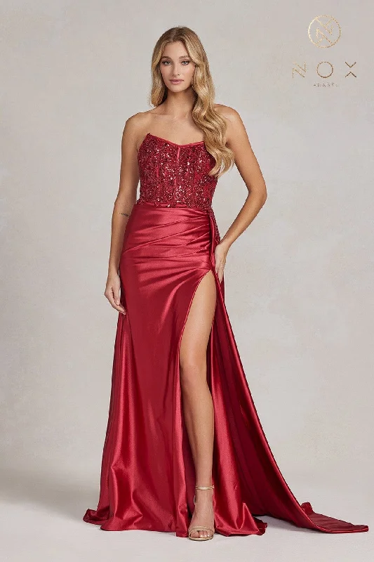 cocktail dresses with metallic thread for shimmer --Embroidered Strapless Slit Gown by Nox Anabel E1174 cocktail dresses with metallic thread for shimmer --Embroidered Strapless Slit Gown by Nox Anabel E1174