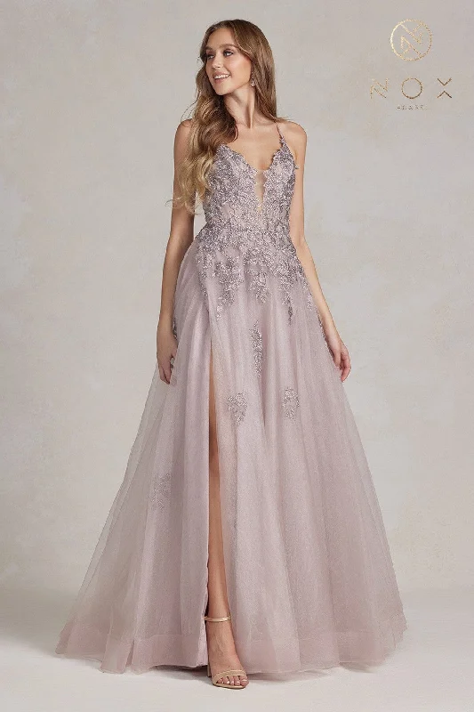 Soft pastel wedding guest dresses for a dreamy look -Floral Applique Tulle A-line Gown by Nox Anabel G1149 Soft pastel wedding guest dresses for a dreamy look -Floral Applique Tulle A-line Gown by Nox Anabel G1149