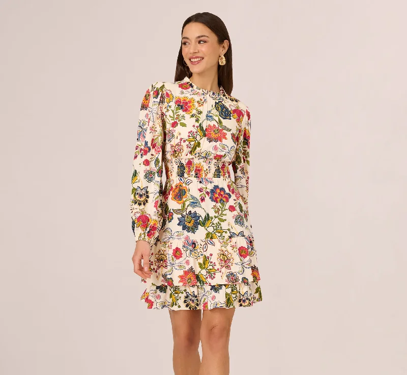 Wedding guest dresses for rustic barn weddings -Floral Print Dress With Long Bishop Sleeves In Ecru Multi Wedding guest dresses for rustic barn weddings -Floral Print Dress With Long Bishop Sleeves In Ecru Multi