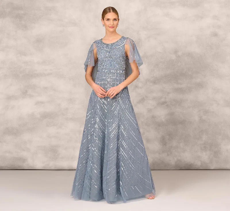 formal dresses with embroidered beadwork for luxury appeal --Beaded Ball Gown With Cape Sleeves In Vintage Blue formal dresses with embroidered beadwork for luxury appeal --Beaded Ball Gown With Cape Sleeves In Vintage Blue