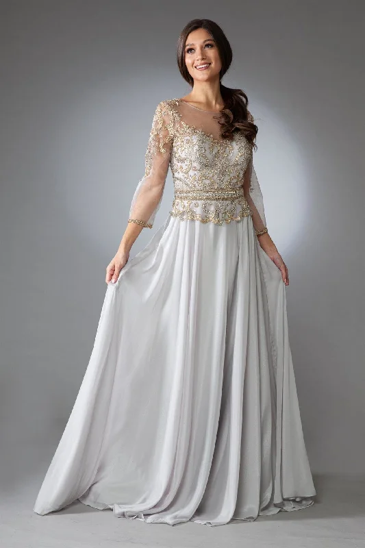 Wedding guest dresses with subtle metallic accents for evening glam -Beaded 3/4 Sleeve Velvet Chiffon Gown by Amelia Couture 7041 Wedding guest dresses with subtle metallic accents for evening glam -Beaded 3/4 Sleeve Velvet Chiffon Gown by Amelia Couture 7041