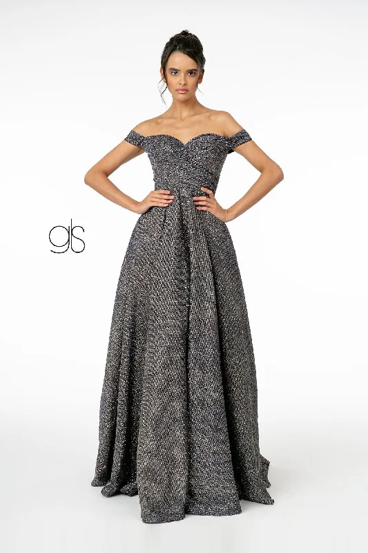 cocktail dresses with mesh necklines for modern appeal --Metallic Glitter Long Off Shoulder Dress by Elizabeth K GL1827 cocktail dresses with mesh necklines for modern appeal --Metallic Glitter Long Off Shoulder Dress by Elizabeth K GL1827