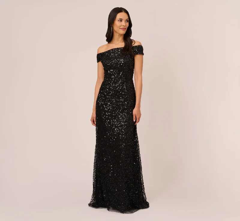 formal dresses for maternity with stretchy waistbands --Off The Shoulder Sequin Beaded Gown In Black formal dresses for maternity with stretchy waistbands --Off The Shoulder Sequin Beaded Gown In Black