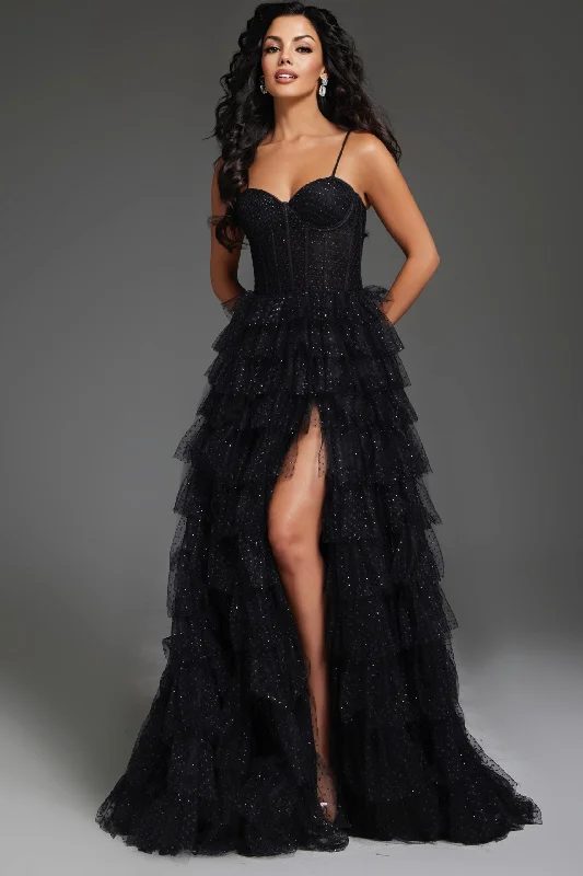 cocktail dresses with off-shoulder necklines for feminine charm --Sleeveless A-line Tiered Slit Gown by Jovani 38278 cocktail dresses with off-shoulder necklines for feminine charm --Sleeveless A-line Tiered Slit Gown by Jovani 38278