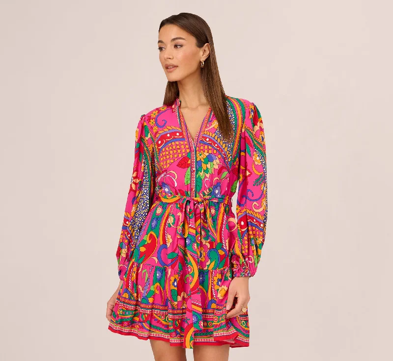 Spring dresses with tie-front details for added charm -Long Sleeve Retro Printed A Line Dress In Pink Multi Spring dresses with tie-front details for added charm -Long Sleeve Retro Printed A Line Dress In Pink Multi