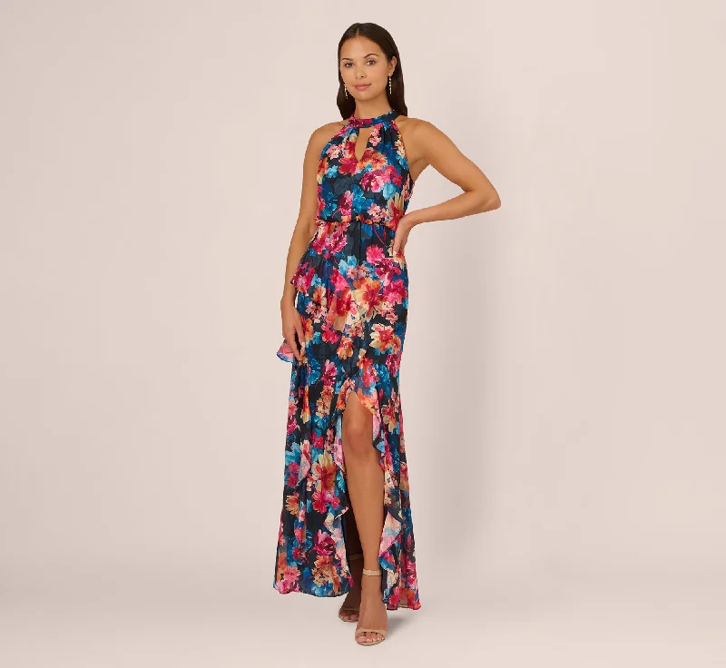 formal dresses with chiffon overlays for soft flow --Floral Printed Halter Mermaid Gown With Ruffle Details In Navy Multi formal dresses with chiffon overlays for soft flow --Floral Printed Halter Mermaid Gown With Ruffle Details In Navy Multi