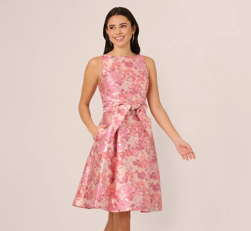 Spring dresses with a boatneck for a classic touch -Sleeveless Floral Jacquard Fit And Flare Dress In Pink Multi Spring dresses with a boatneck for a classic touch -Sleeveless Floral Jacquard Fit And Flare Dress In Pink Multi