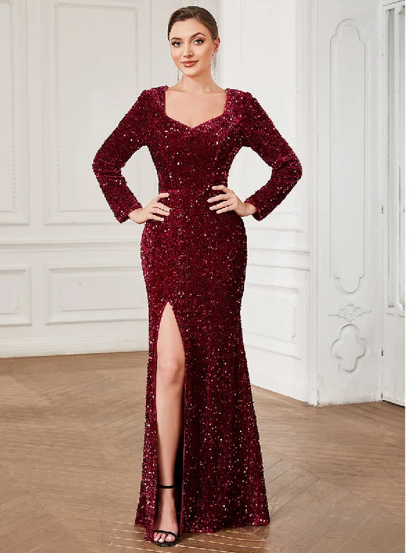 Comfortable cocktail dresses for extended events -Shiny Long Sleeves Sweetheart Neck Fishtail Wholesale Evening Dresses Comfortable cocktail dresses for extended events -Shiny Long Sleeves Sweetheart Neck Fishtail Wholesale Evening Dresses