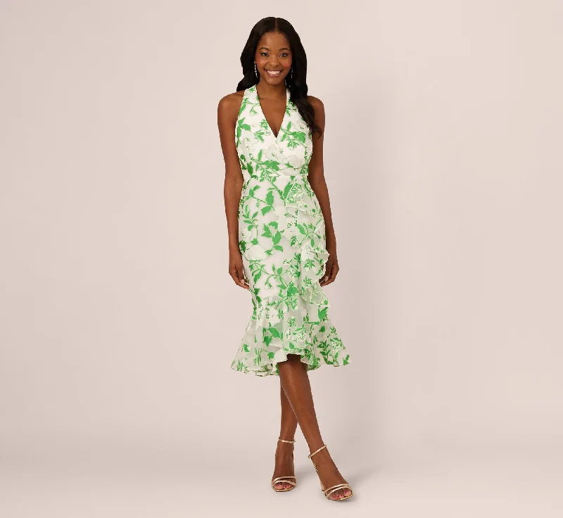 Affordable and stylish wedding guest dresses for fall -Sleeveless Organza Jacquard Mermaid Midi Dress In Green Ivory Affordable and stylish wedding guest dresses for fall -Sleeveless Organza Jacquard Mermaid Midi Dress In Green Ivory