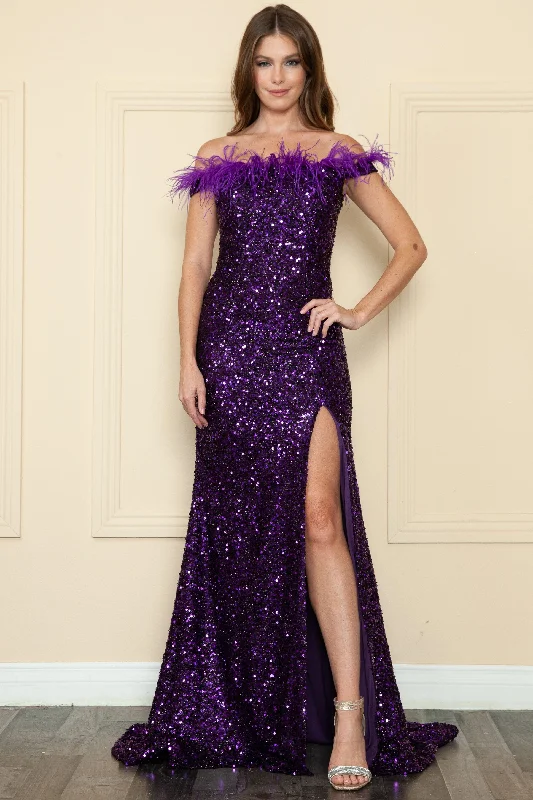 cocktail dresses with floral prints for daytime events --Fitted Off Shoulder Sequin Feather Gown by Poly USA 8980