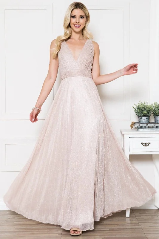cocktail dresses with corset tops for structured fit --Pleated Metallic V-Neck Gown by Amelia Couture L598 cocktail dresses with corset tops for structured fit --Pleated Metallic V-Neck Gown by Amelia Couture L598