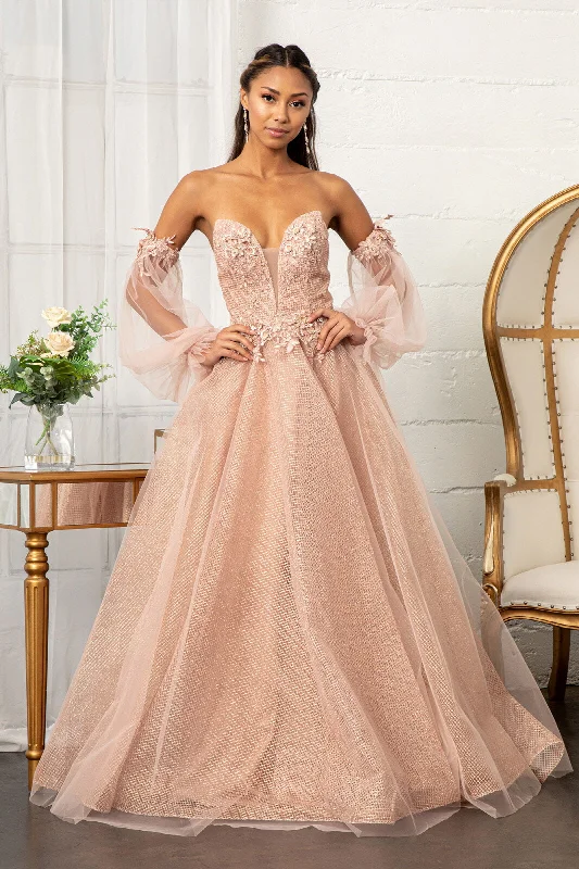 cocktail dresses with satin sashes for waist accentuation --3D Floral Puff Sleeve Gown by Elizabeth K GL3015 cocktail dresses with satin sashes for waist accentuation --3D Floral Puff Sleeve Gown by Elizabeth K GL3015