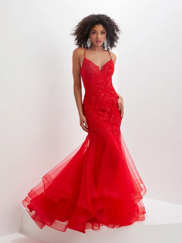 cocktail dresses with lace trims for delicate accents --Applique Ruffled Tulle Mermaid Dress by Tiffany Designs 16015 cocktail dresses with lace trims for delicate accents --Applique Ruffled Tulle Mermaid Dress by Tiffany Designs 16015