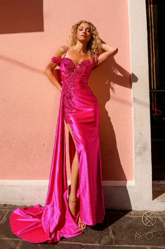 long sleeve cocktail dresses in velvet for winter weddings --Applique Satin Cold Shoulder Slit Gown by Nox Anabel E1451 long sleeve cocktail dresses in velvet for winter weddings --Applique Satin Cold Shoulder Slit Gown by Nox Anabel E1451