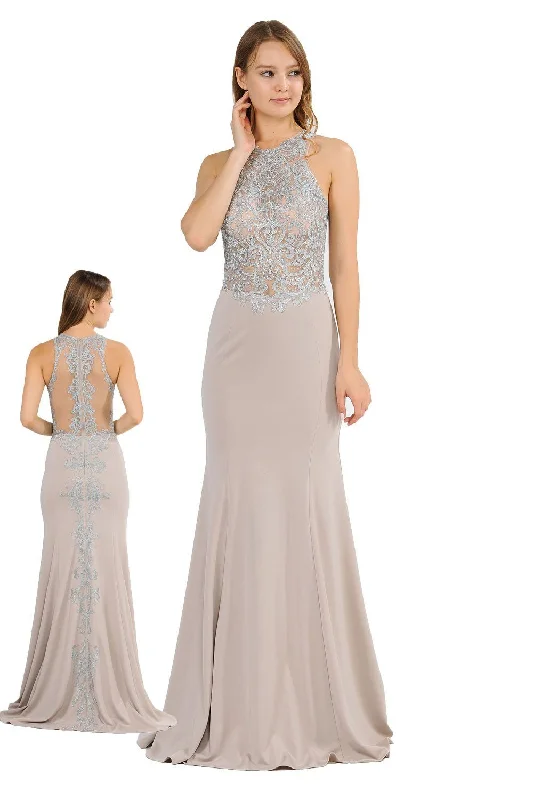 cocktail dresses with chiffon overlays for softness --Long Embroidered Dress with Sheer Back by Poly USA 8314 cocktail dresses with chiffon overlays for softness --Long Embroidered Dress with Sheer Back by Poly USA 8314