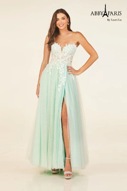 cocktail dresses with mesh sleeves for subtle coverage --Applique Strapless A-line Gown by Abby Paris 90337 cocktail dresses with mesh sleeves for subtle coverage --Applique Strapless A-line Gown by Abby Paris 90337