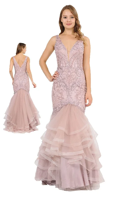 formal dresses with chiffon overlays for soft flow --Long Embroidered V-Neck Mermaid Dress by Poly USA 8320 formal dresses with chiffon overlays for soft flow --Long Embroidered V-Neck Mermaid Dress by Poly USA 8320