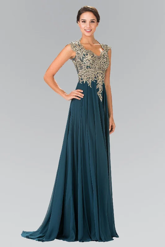 Trendy wedding guest dresses for a cocktail party reception -Long Sleeveless Dress with Gold Applique by Elizabeth K GL2229 Trendy wedding guest dresses for a cocktail party reception -Long Sleeveless Dress with Gold Applique by Elizabeth K GL2229