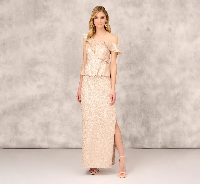formal dresses in pastel colors for springtime events --Asymmetrical Column Gown With Ruffle Details In Taupe formal dresses in pastel colors for springtime events --Asymmetrical Column Gown With Ruffle Details In Taupe