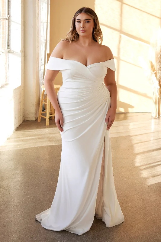 cocktail dresses with velvet finishes for winter warmth --Plus Size White Off Shoulder Gown by Cinderella Divine CD930C cocktail dresses with velvet finishes for winter warmth --Plus Size White Off Shoulder Gown by Cinderella Divine CD930C