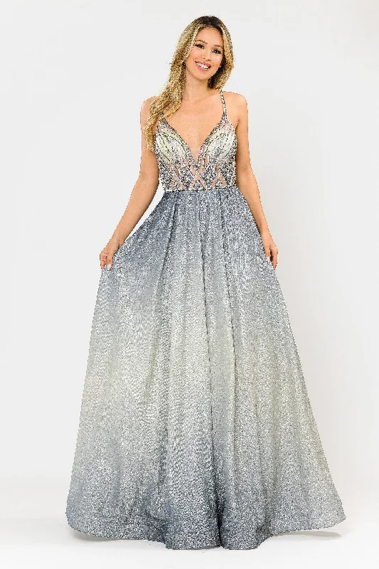 Wedding guest dresses that complement wedding themes -Long Ombre Glitter Dress with Sheer Bodice by Poly USA 8350 Wedding guest dresses that complement wedding themes -Long Ombre Glitter Dress with Sheer Bodice by Poly USA 8350
