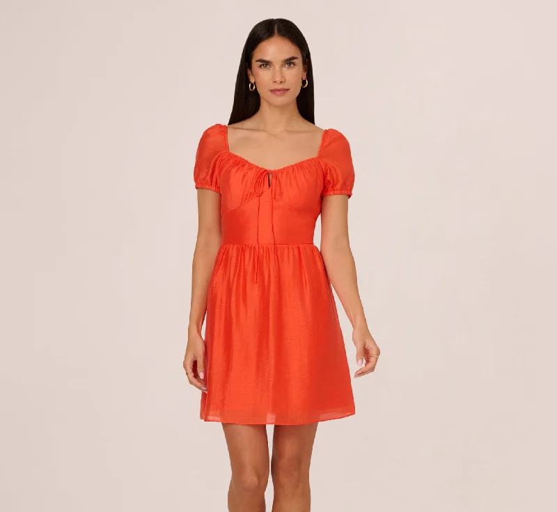 Spring dresses with pleated skirts for a graceful look -Shirred Fit And Flare Dress With Puff Short Sleeves In Orange Spice Spring dresses with pleated skirts for a graceful look -Shirred Fit And Flare Dress With Puff Short Sleeves In Orange Spice