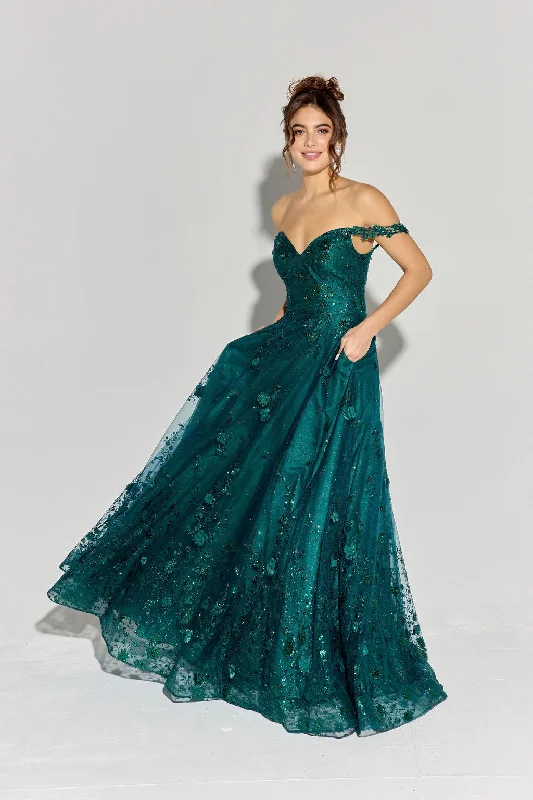 cocktail dresses with beaded bodices for sparkle --3D Floral Off Shoulder A-line Gown by Eureka 9980