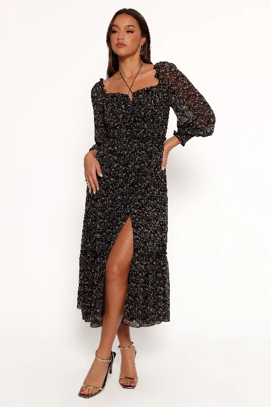 Wedding guest dresses with deep V-necks for added allure -Keziah Long Sleeve Maxi Dress - Navy Ditsy Floral Wedding guest dresses with deep V-necks for added allure -Keziah Long Sleeve Maxi Dress - Navy Ditsy Floral