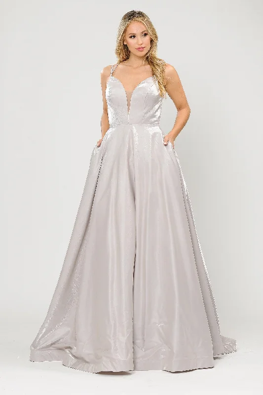 cocktail dresses with satin bows for elegant detail --Long A-line Satin Dress with Illusion V-Neckline by Poly USA 8644 cocktail dresses with satin bows for elegant detail --Long A-line Satin Dress with Illusion V-Neckline by Poly USA 8644