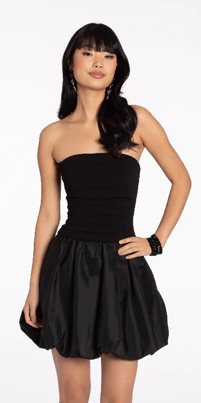 Graduation dresses for long legs with flattering cuts -Strapless Scuba Fit and Flare Dress with Taffeta Bubble Hem Graduation dresses for long legs with flattering cuts -Strapless Scuba Fit and Flare Dress with Taffeta Bubble Hem