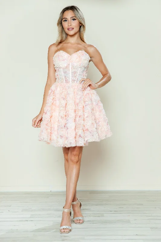 Chic gold party dresses for festive occasions -Rosette Short Strapless A-line Dress by Poly USA 9638 Chic gold party dresses for festive occasions -Rosette Short Strapless A-line Dress by Poly USA 9638
