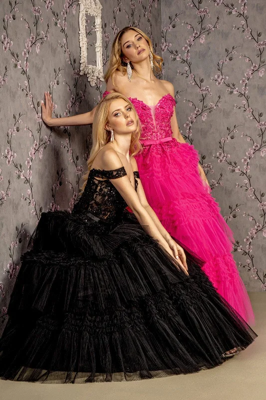 cocktail dresses with floral appliques for spring vibes --Embroidered Off Shoulder Tiered Gown by GLS Gloria GL3391 cocktail dresses with floral appliques for spring vibes --Embroidered Off Shoulder Tiered Gown by GLS Gloria GL3391