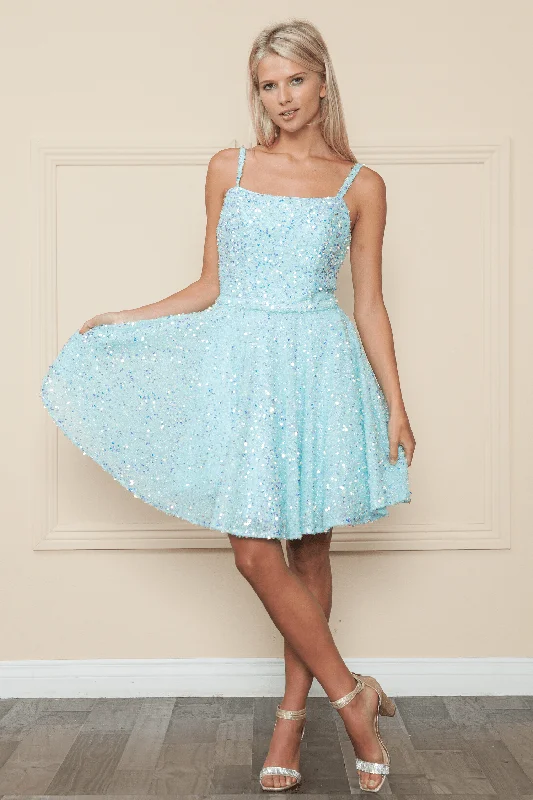 Graduation dresses for spring ceremonies with light fabrics -Short Sequin Velvet A-line Dress by Poly USA 8930 Graduation dresses for spring ceremonies with light fabrics -Short Sequin Velvet A-line Dress by Poly USA 8930