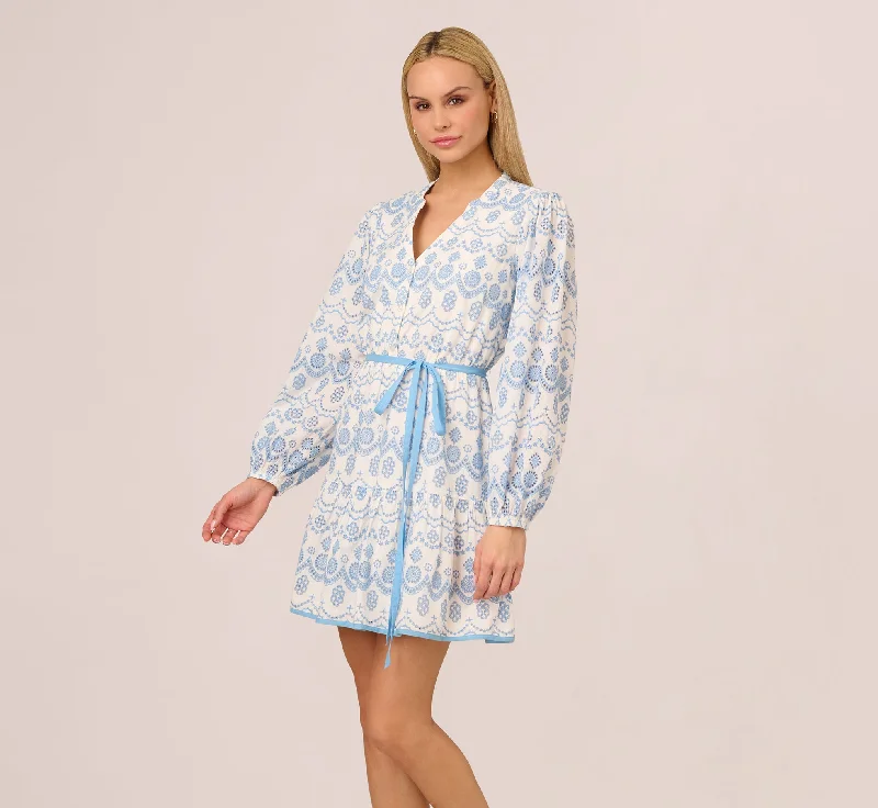 Best wedding guest dresses for vineyard-themed weddings -Long Sleeve Flounce Eyelet Shirt Dress In Light Blue Ivory Best wedding guest dresses for vineyard-themed weddings -Long Sleeve Flounce Eyelet Shirt Dress In Light Blue Ivory