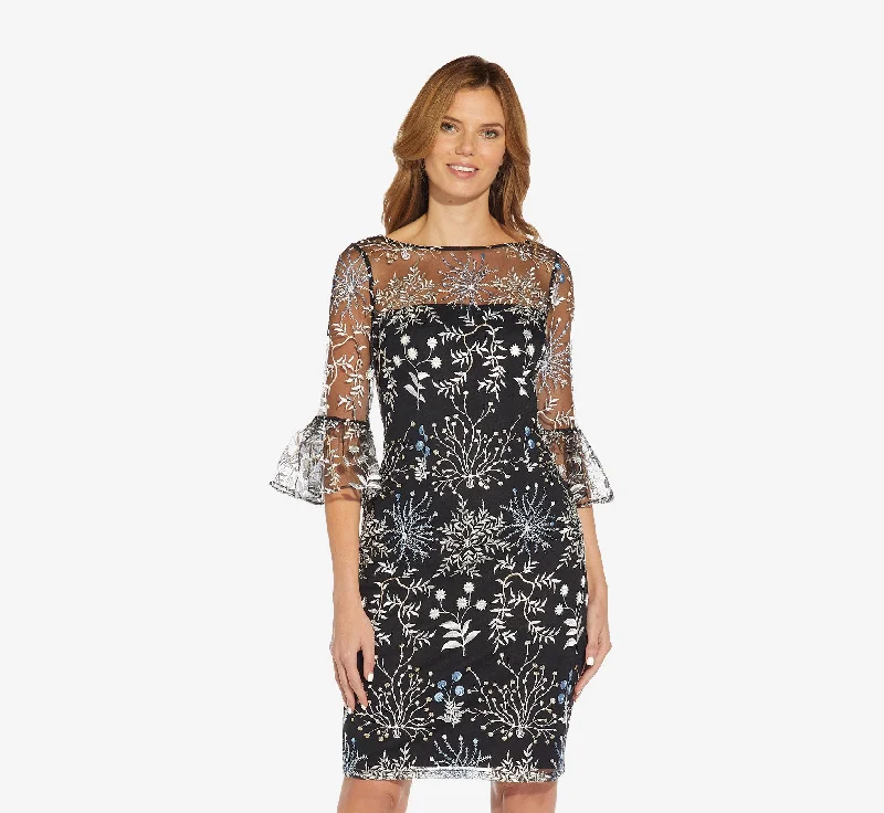 Spring dresses for sunny days with cool fabrics -Embroidered Three Quarter Sleeve Short Sheath Dress With Bell Sleeves In Blue Multi Spring dresses for sunny days with cool fabrics -Embroidered Three Quarter Sleeve Short Sheath Dress With Bell Sleeves In Blue Multi