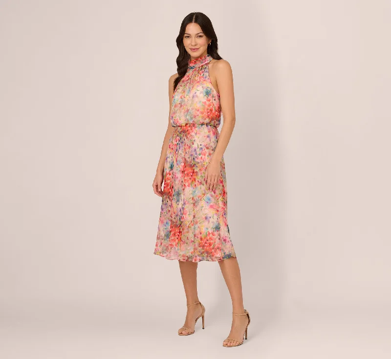 Trendy wedding guest dresses in bold prints for a statement look -Floral Chiffon Halter Midi Dress With Blouson Bodice In Red Multi Trendy wedding guest dresses in bold prints for a statement look -Floral Chiffon Halter Midi Dress With Blouson Bodice In Red Multi