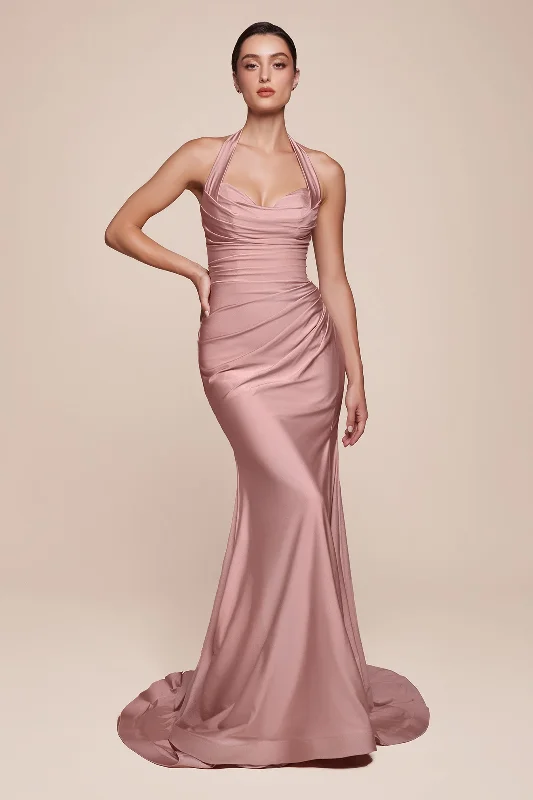 bridesmaid dresses with satin fabric for smooth finish --Satin Fitted Long Halter Slit Dress by Ladivine CD796 bridesmaid dresses with satin fabric for smooth finish --Satin Fitted Long Halter Slit Dress by Ladivine CD796