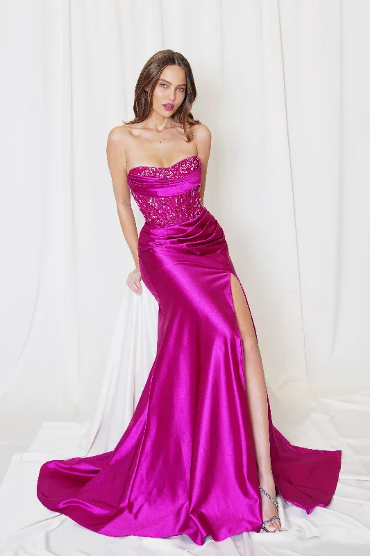 cocktail dresses with peplum details for hourglass figures --Satin Fitted Strapless Slit Gown by Juno M1045 cocktail dresses with peplum details for hourglass figures --Satin Fitted Strapless Slit Gown by Juno M1045