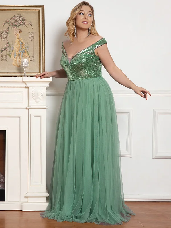 formal dresses with pleated skirts for graceful movement --Plus Size Wholesale High Waist Tulle & Sequin Sleeveless Evening Dress EE00277